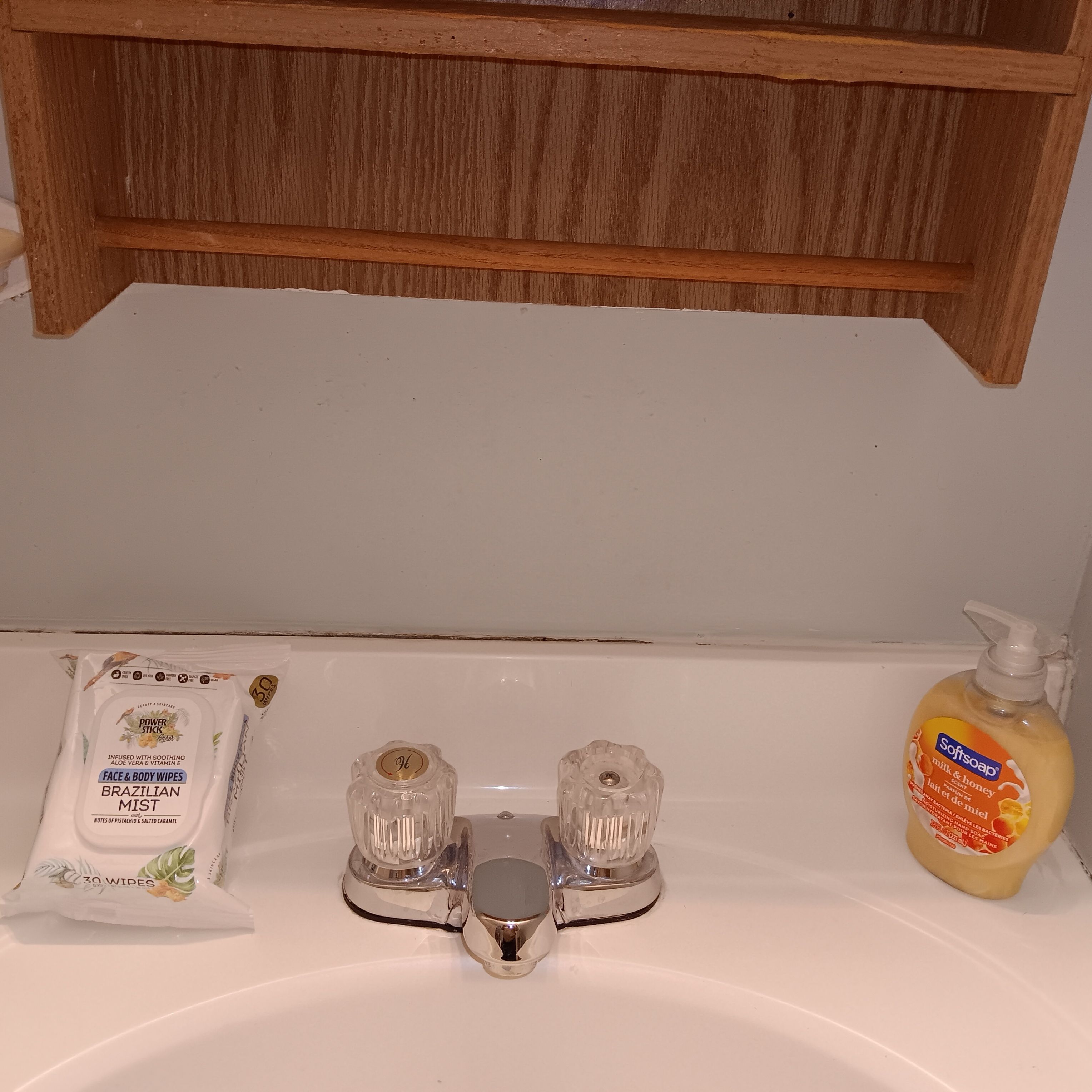 Ein Badezimmerwaschbecken mit weißer Schale, ein Holzregal darüber, eine Seifenflasche und eine Packung Feuchttücher für Gesicht und Körper.