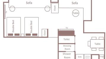A hotel room layout with two sofas, a TV, a table, a double bed, a closet, a toilet, a dressing room, a shower room, a sink, a washing machine, and a fridge.