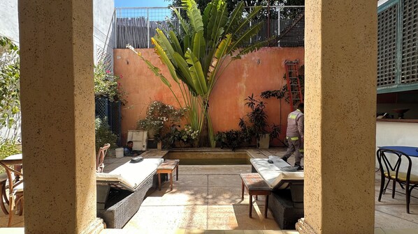 A patio area with outdoor seating, a water feature, and various potted plants. - Casa Zarah - Alma Hotels (Santa Marta)