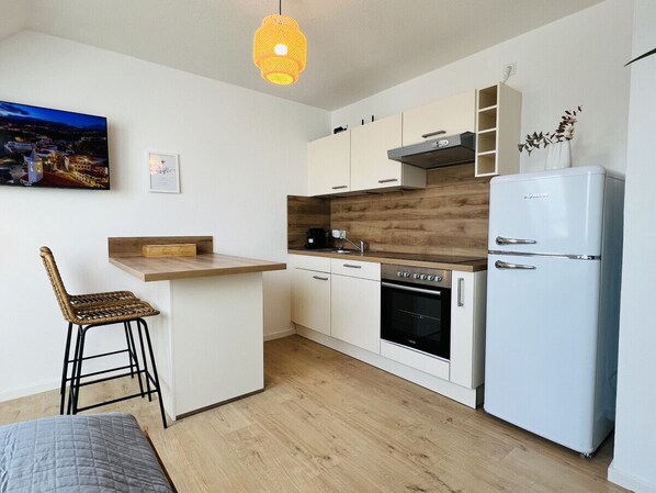 Fridge, oven, stovetop, coffee/tea maker