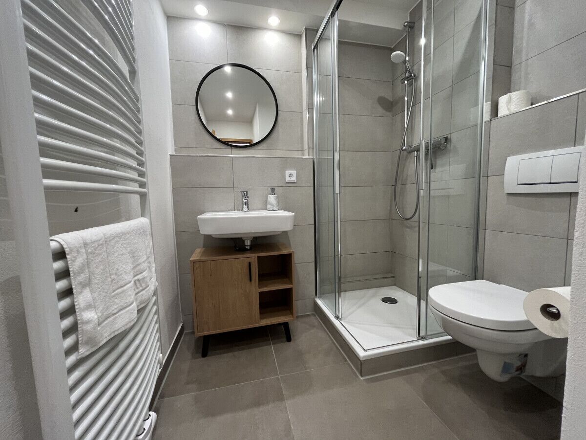 Ein modernes Badezimmer mit einer Duschkabine, einem Waschbecken mit Spiegel und einer Toilette.