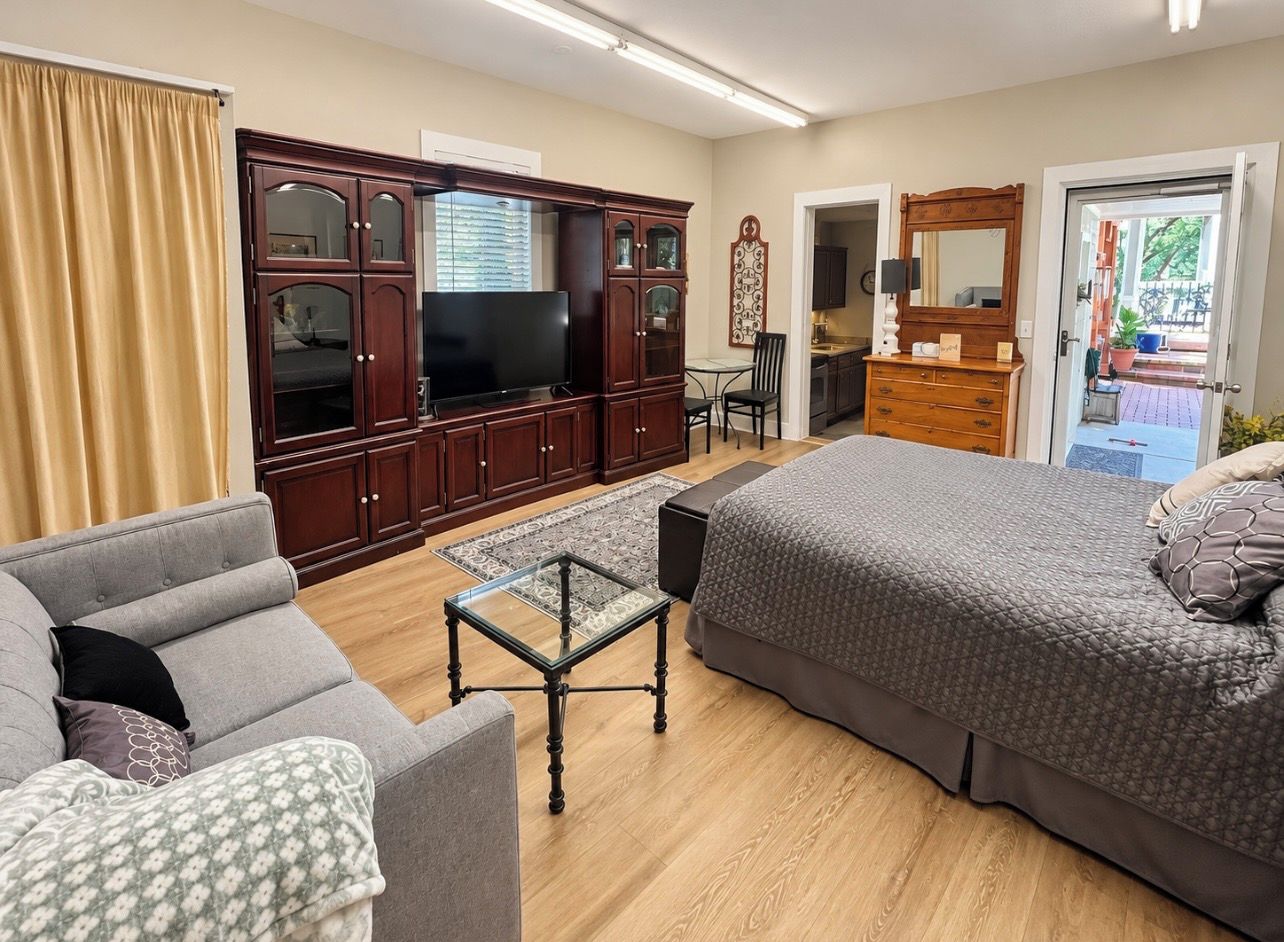 A furnished room with a sofa, a bed, a television, a cabinet, and a dining area.