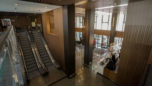 An indoor area with an escalator, a reception desk, and a view of a lower level through glass doors.