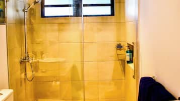 Regadera, toallas, jabón, papel de baño