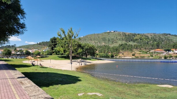 A riverside park with a grassy area, a tree, and a clear view of a hill in the background.