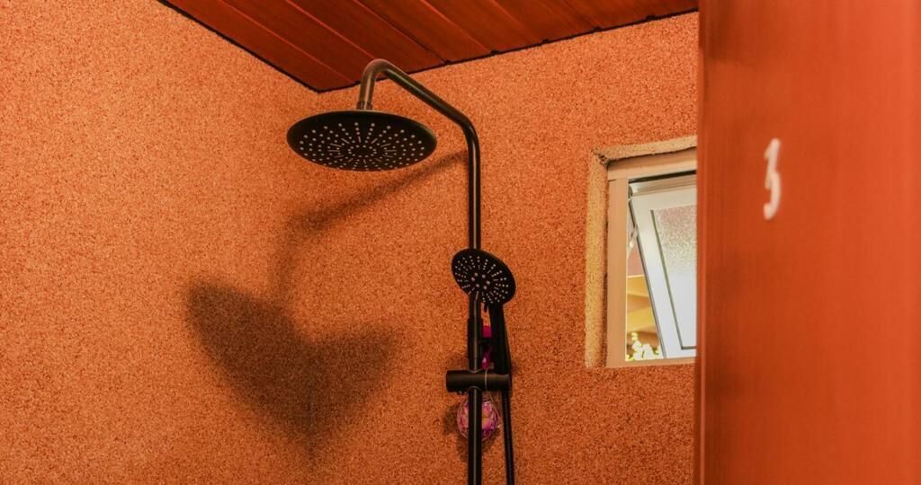 Une douche au design incurvé, une petite fenêtre et un plafond en bois.