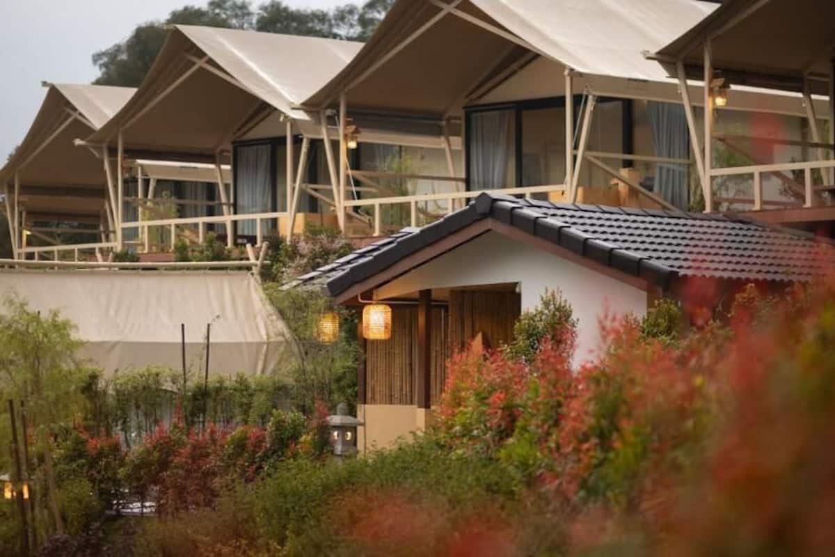 A hotel with multiple tent-style rooms, a central building with a sloped roof, and a garden area with various plants and a lantern.