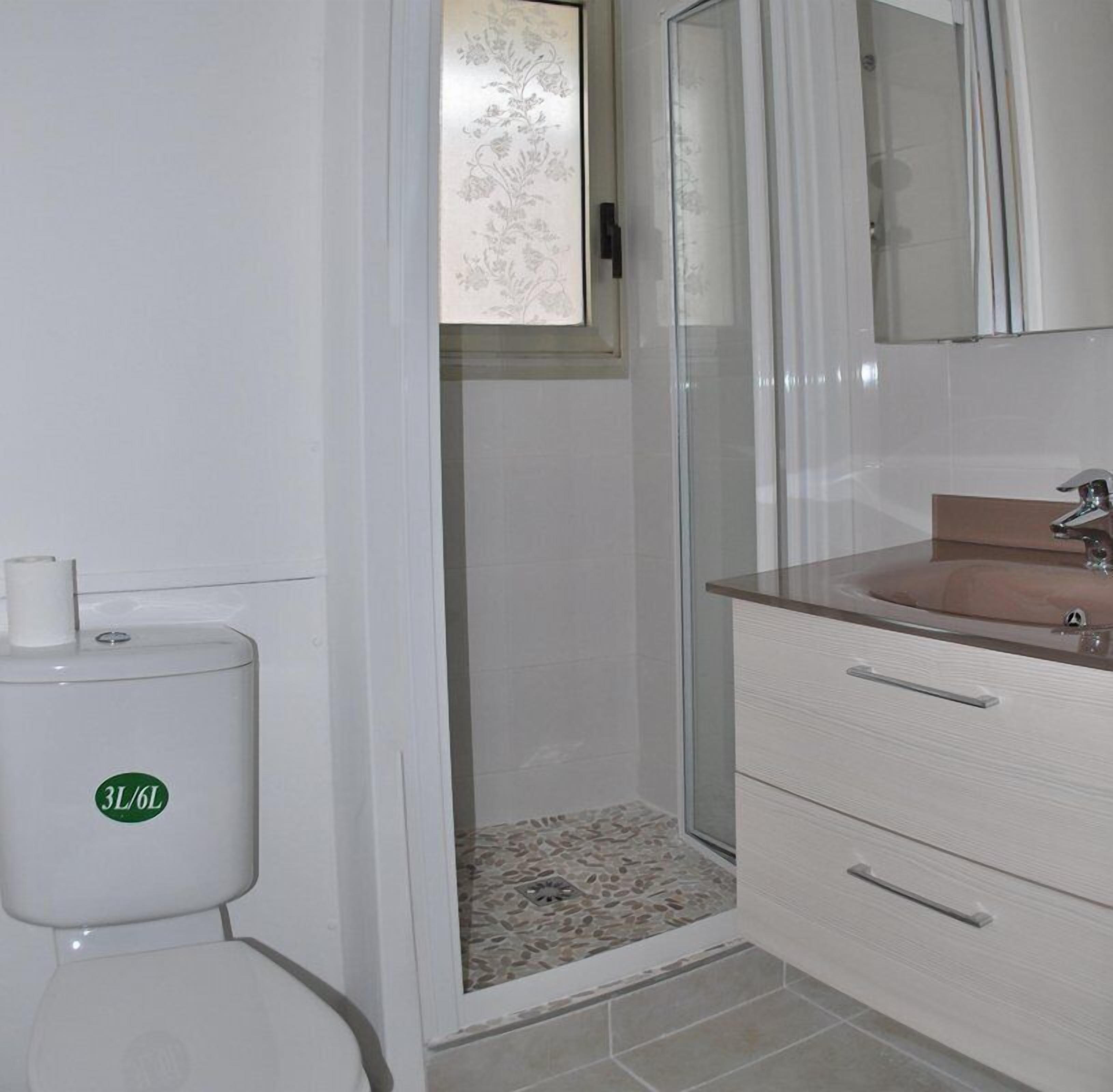 A bathroom with a toilet, a shower, and a sink with a mirror.