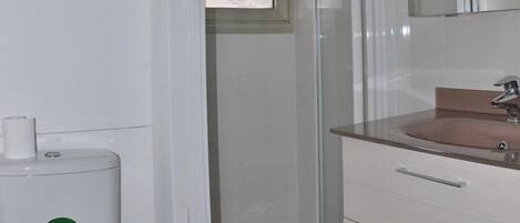 A bathroom with a toilet, a shower, and a sink with a mirror.