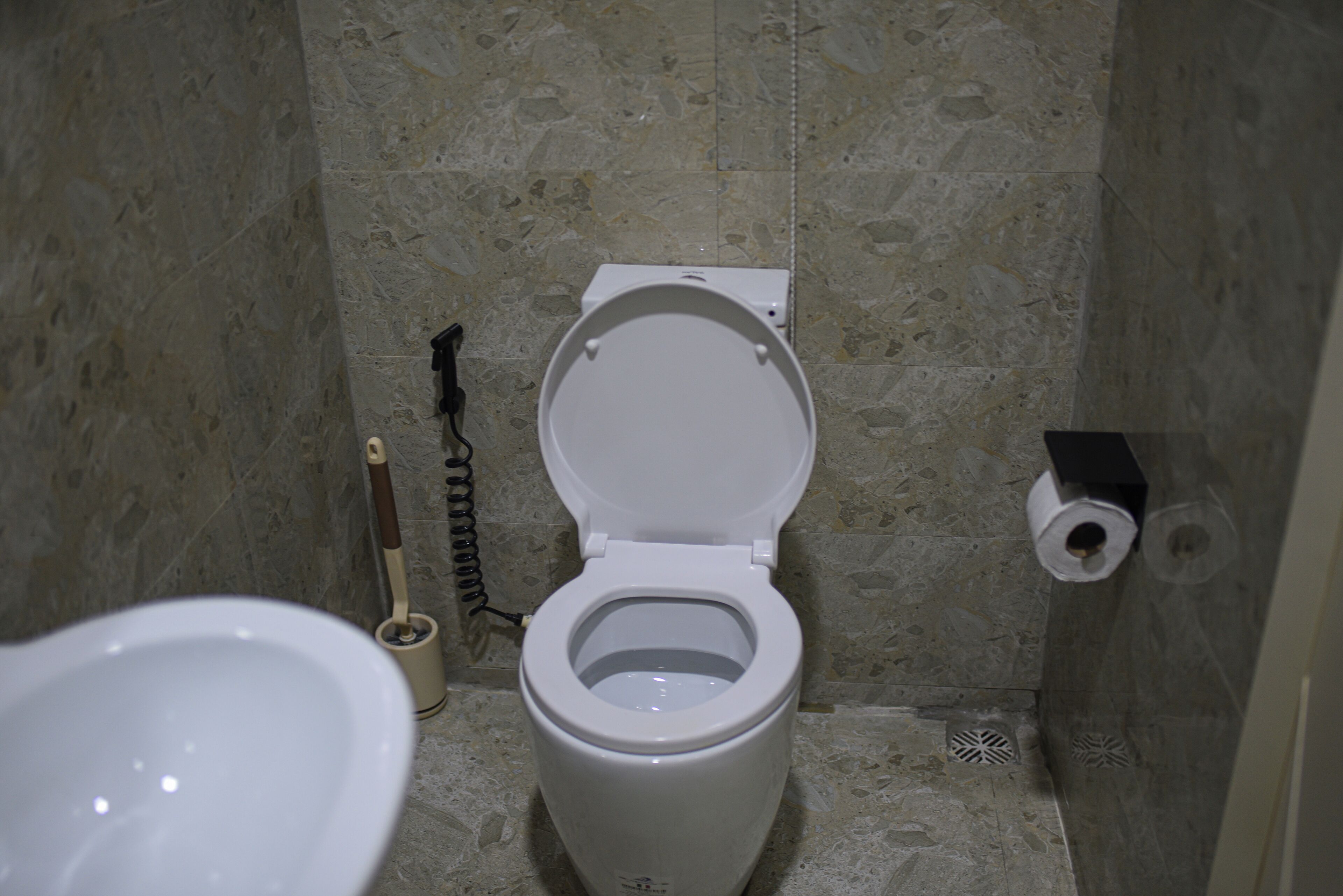 A bathroom with a toilet, a toilet brush, and a toilet paper holder on the wall.