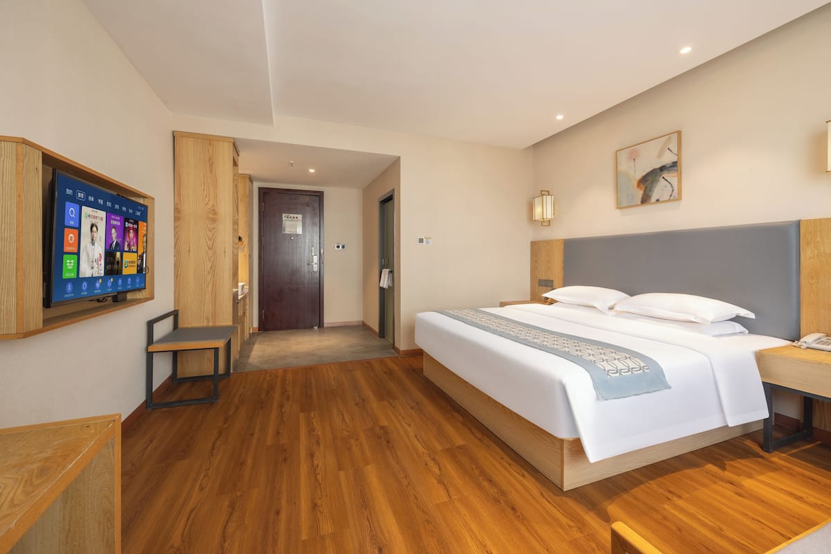 Une chambre d’hôtel moderne avec un grand lit, une table de chevet, un téléviseur fixé au mur et un plancher en bois.