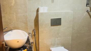 Shower, rainfall showerhead, hair dryer, slippers