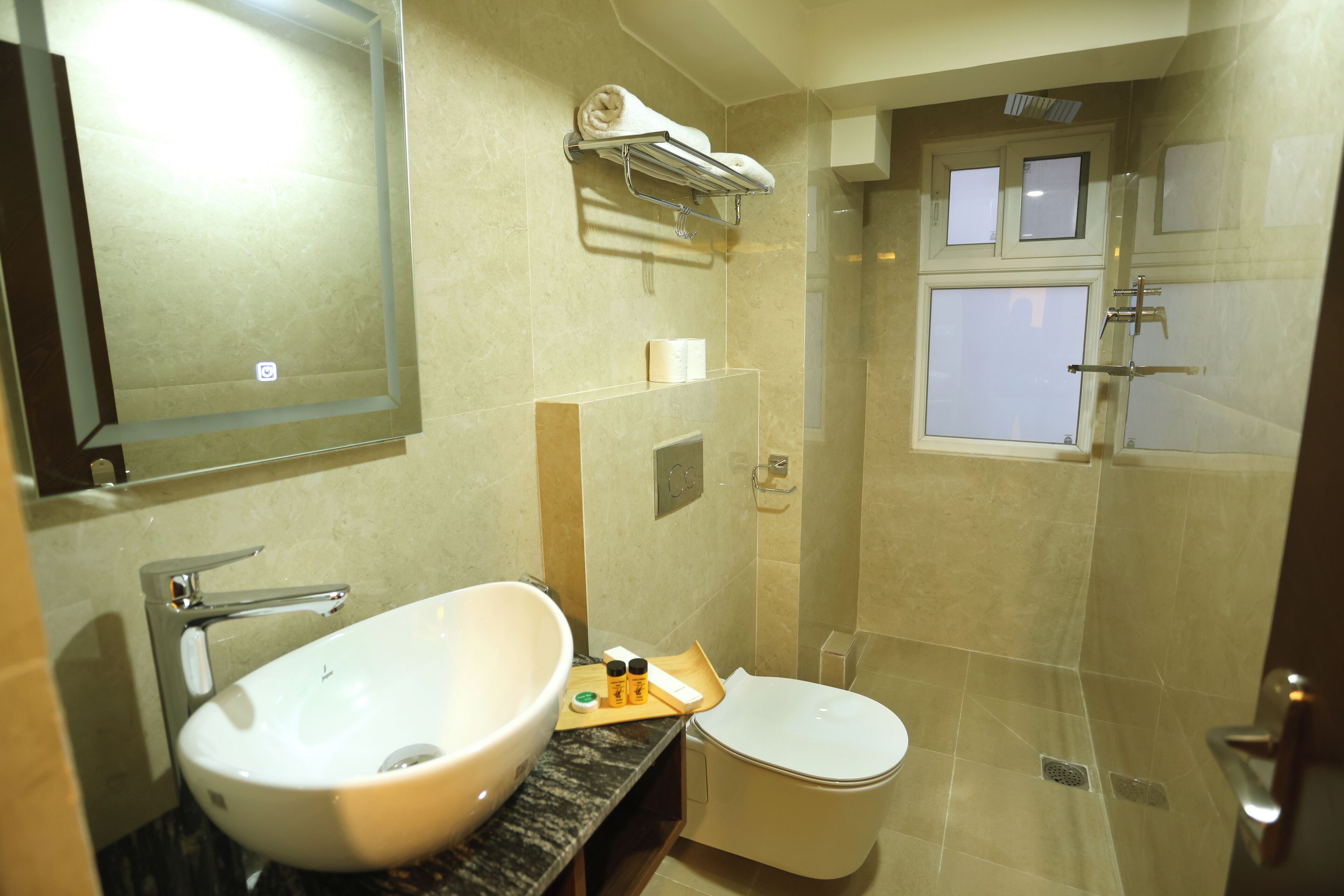 Shower, rainfall showerhead, hair dryer, slippers