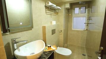 Shower, rainfall showerhead, hair dryer, slippers