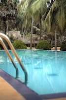 Piscina rodeada por palmeiras e vegetação.