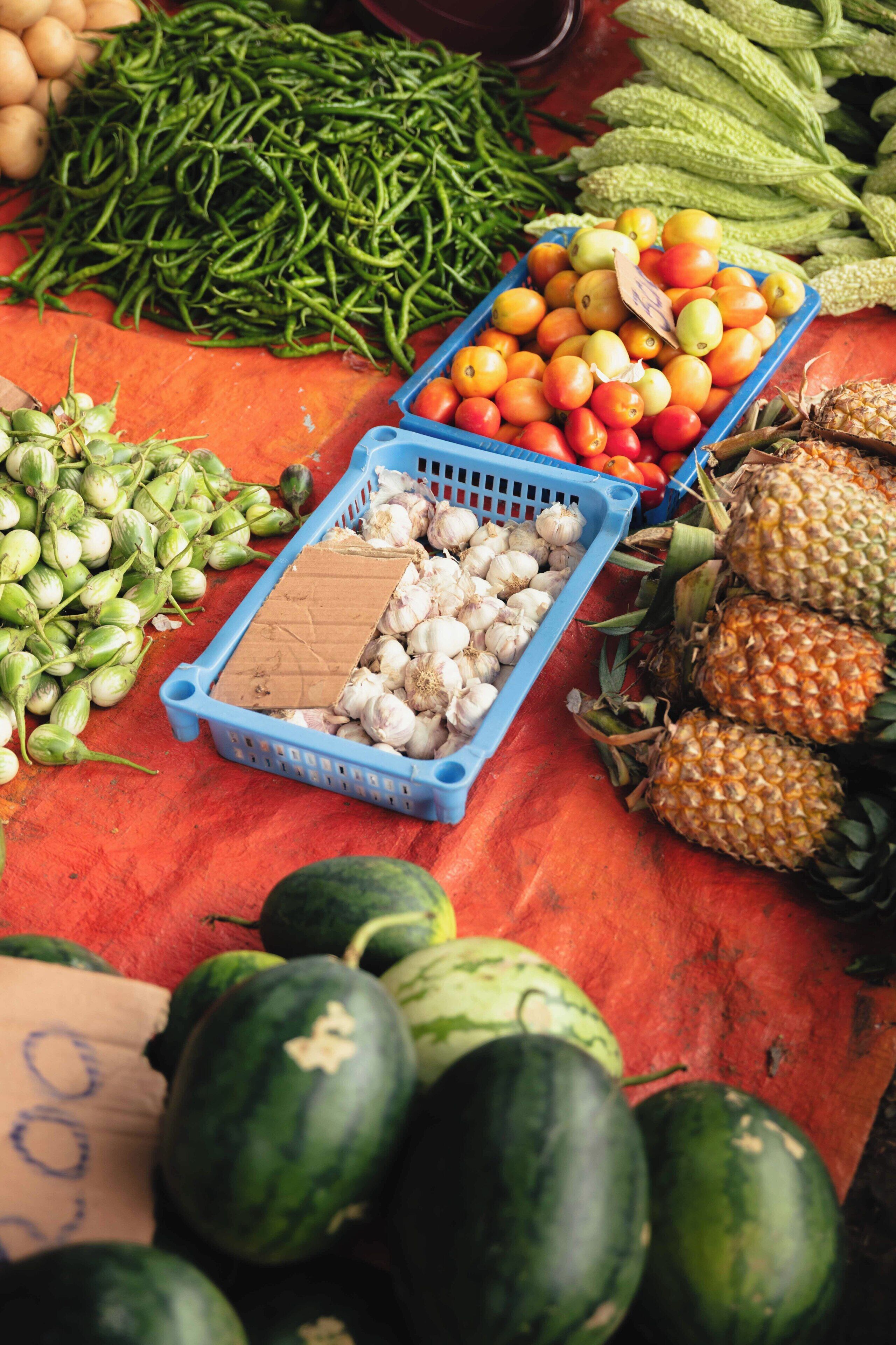 A variety of fresh produce including tomatoes, green beans, corn, and watermelons displayed on a red surface.