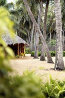 Uma cabana com telhado de palha, chão de areia e palmeiras ao fundo.