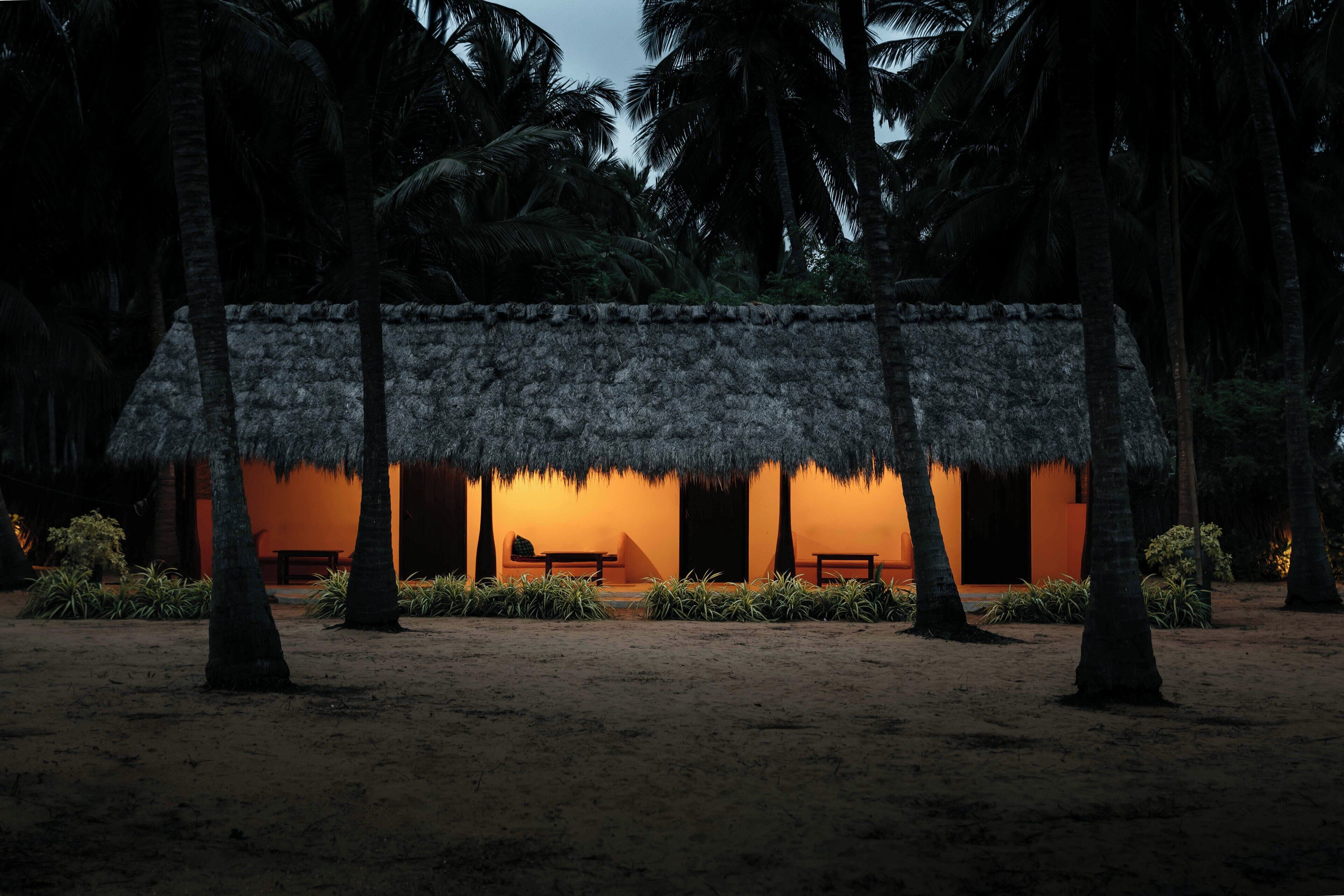 A beachside hut with a thatched roof, surrounded by palm trees and a sandy ground.