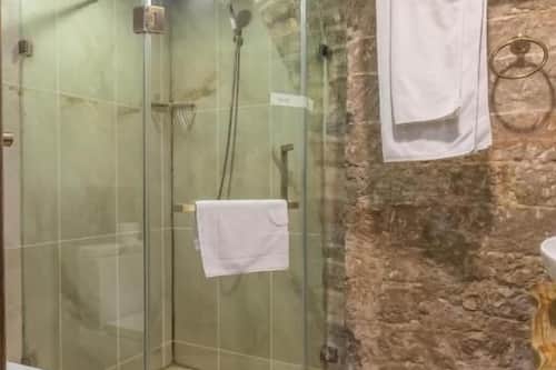 Hair dryer, bathrobes, slippers, towels