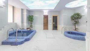 Un área de spa con dos jacuzzis, techo de tragaluces y plantas en macetas.