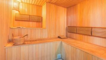 Una stanza sauna con pareti e panche in legno.