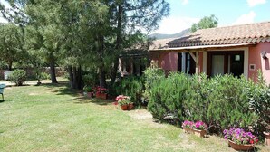 A house with a tiled roof, surrounded by a well-maintained lawn and various potted plants.