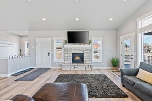 Smart TV, fireplace, foosball