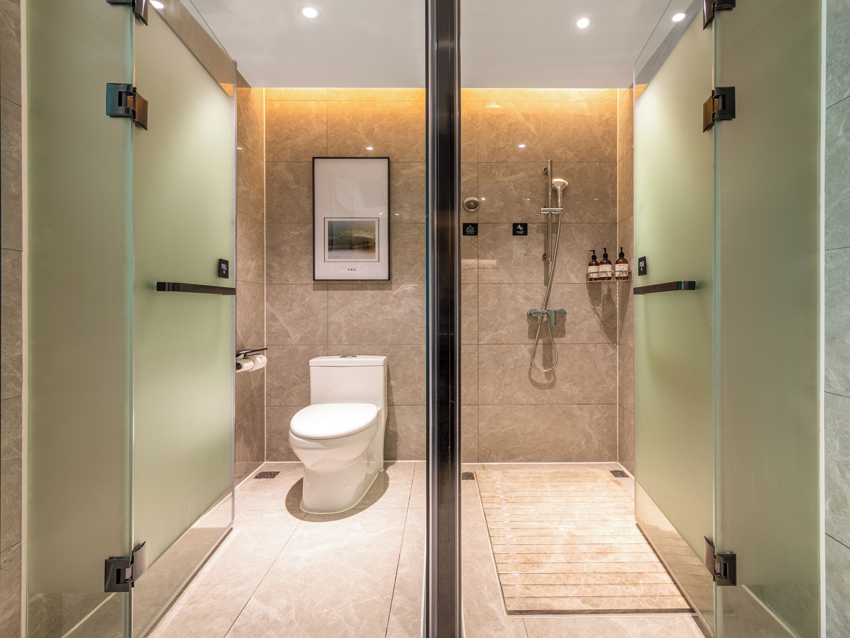 A modern bathroom with a toilet, a shower, and a glass partition.