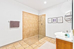 Shower, towels, soap, shampoo