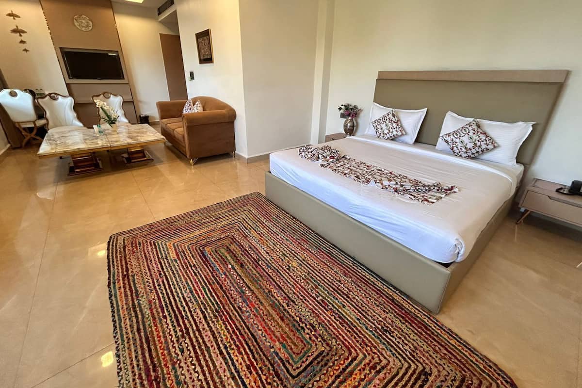 A bedroom with a bed, a sofa, a dining table, and a TV.