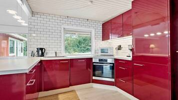 Een koelkast, een oven, een kookplaat, een vaatwasser