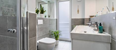 Shower, hair dryer, towels