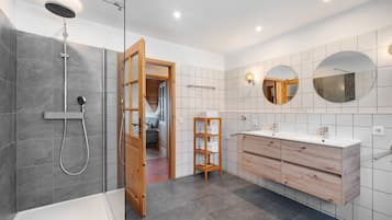 A modern bathroom with a shower, vanity, and a mirror.