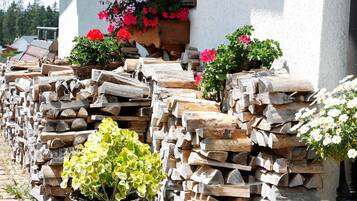 Des piles de bois de chauffage sont entreposées à l’extérieur d’un bâtiment, à côté de jardinières fleuries.