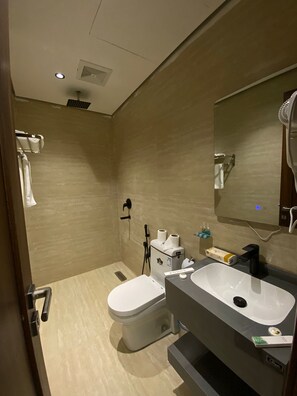 Een douche, een regendouche, designer toiletartikelen, een haardroger
