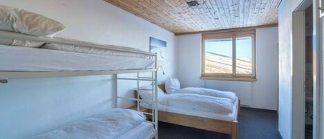 Una camera con letto a castello, soffitto in legno, una finestra con vista e una porta sulla destra.