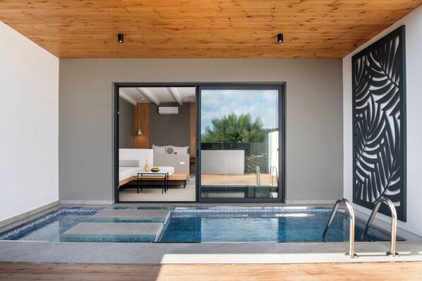 A modern indoor pool area with a wooden ceiling, a glass sliding door leading to a living room, and a decorative black panel on the wall. - Canes Suite Private Pool (agios nikolaos)
