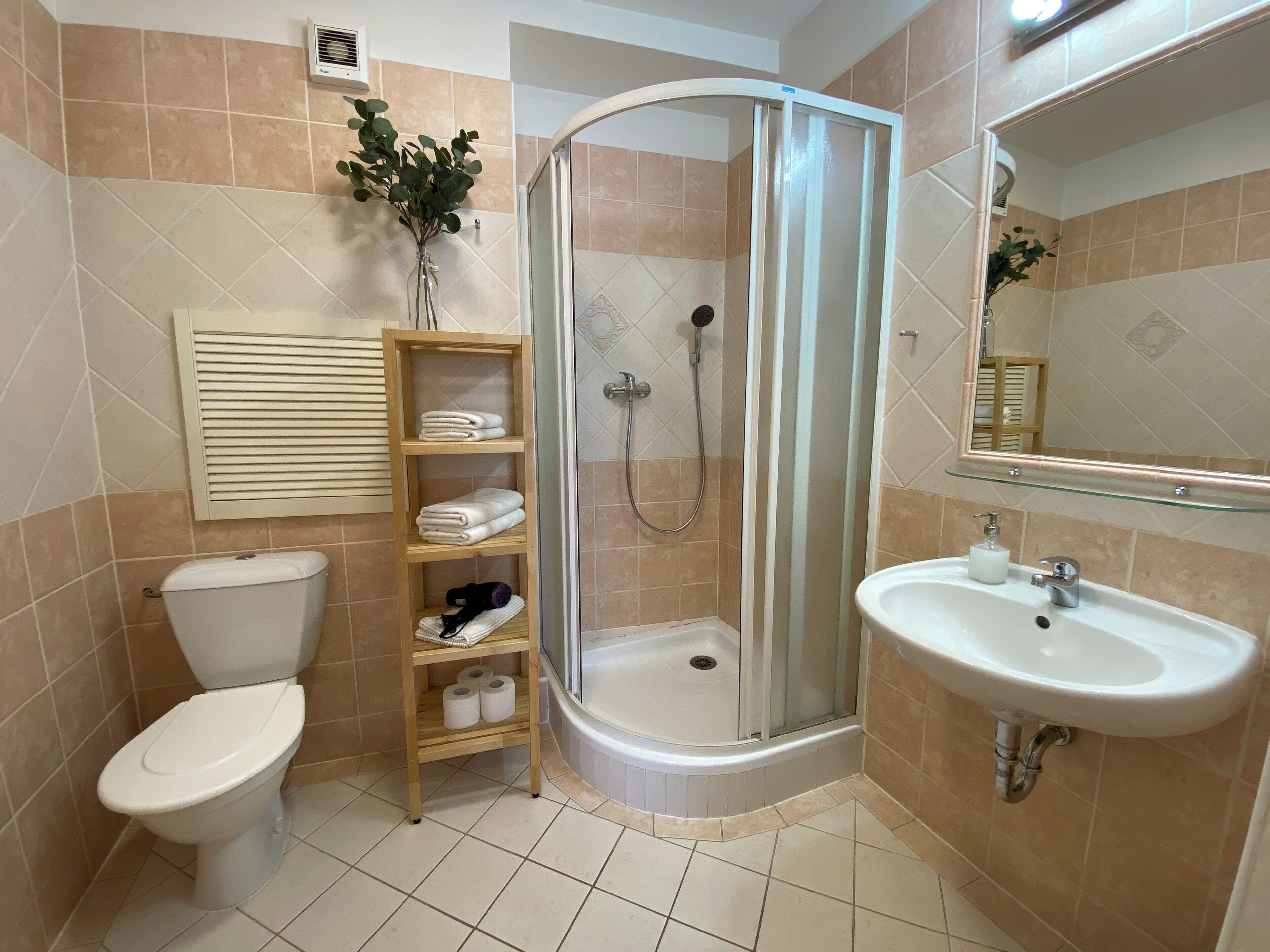 Douche, sèche-cheveux, serviettes fournies, papier toilette