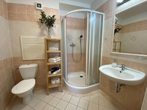 Dusche, Haartrockner, Handtücher, Toilettenpapier