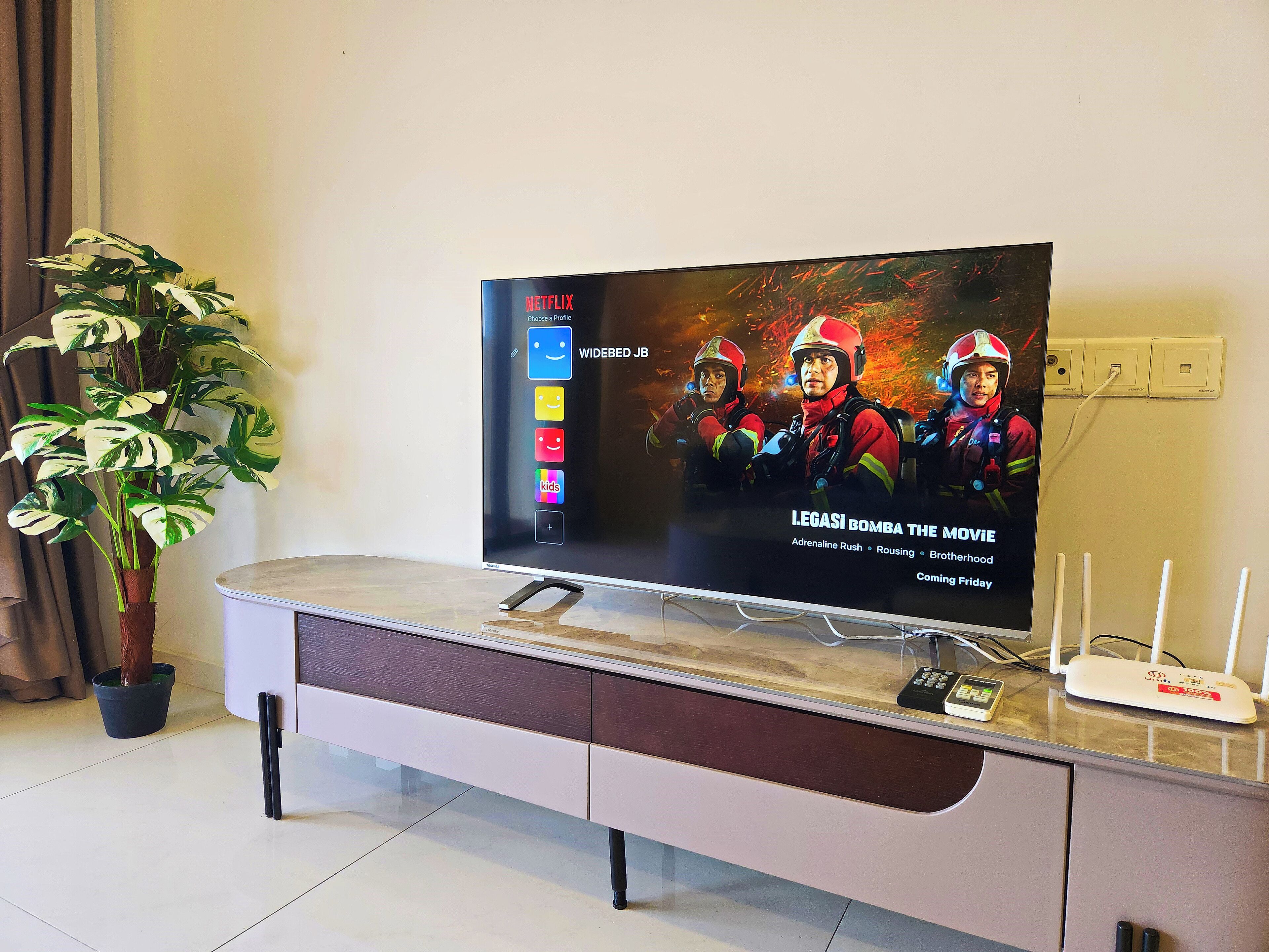 A flat-screen TV mounted on a wall, with a plant beside it.