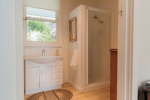 Shower, hair dryer, towels
