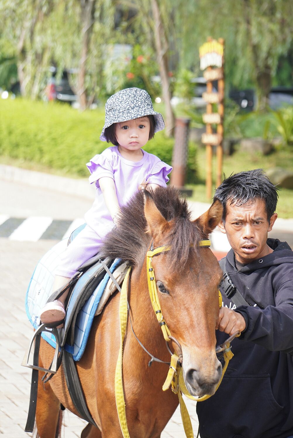 A person riding a horse with a child seated behind them.