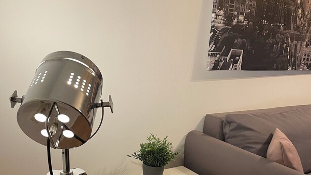A modern room with a tripod floor lamp, a small potted plant, and a sofa. - Cozy studio guest house near the center & trade fair (Nürnberg)