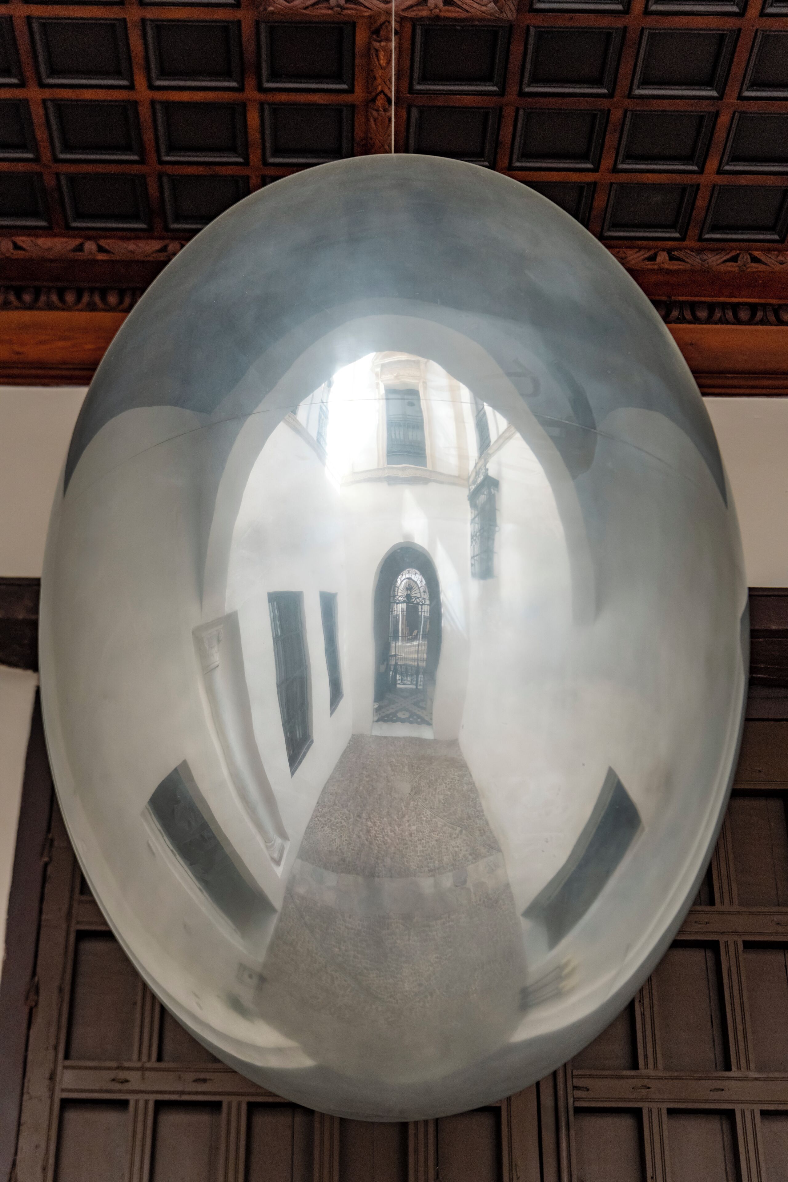 A large, reflective spherical object in a hallway with wooden paneling and a view of a building with a door and windows.