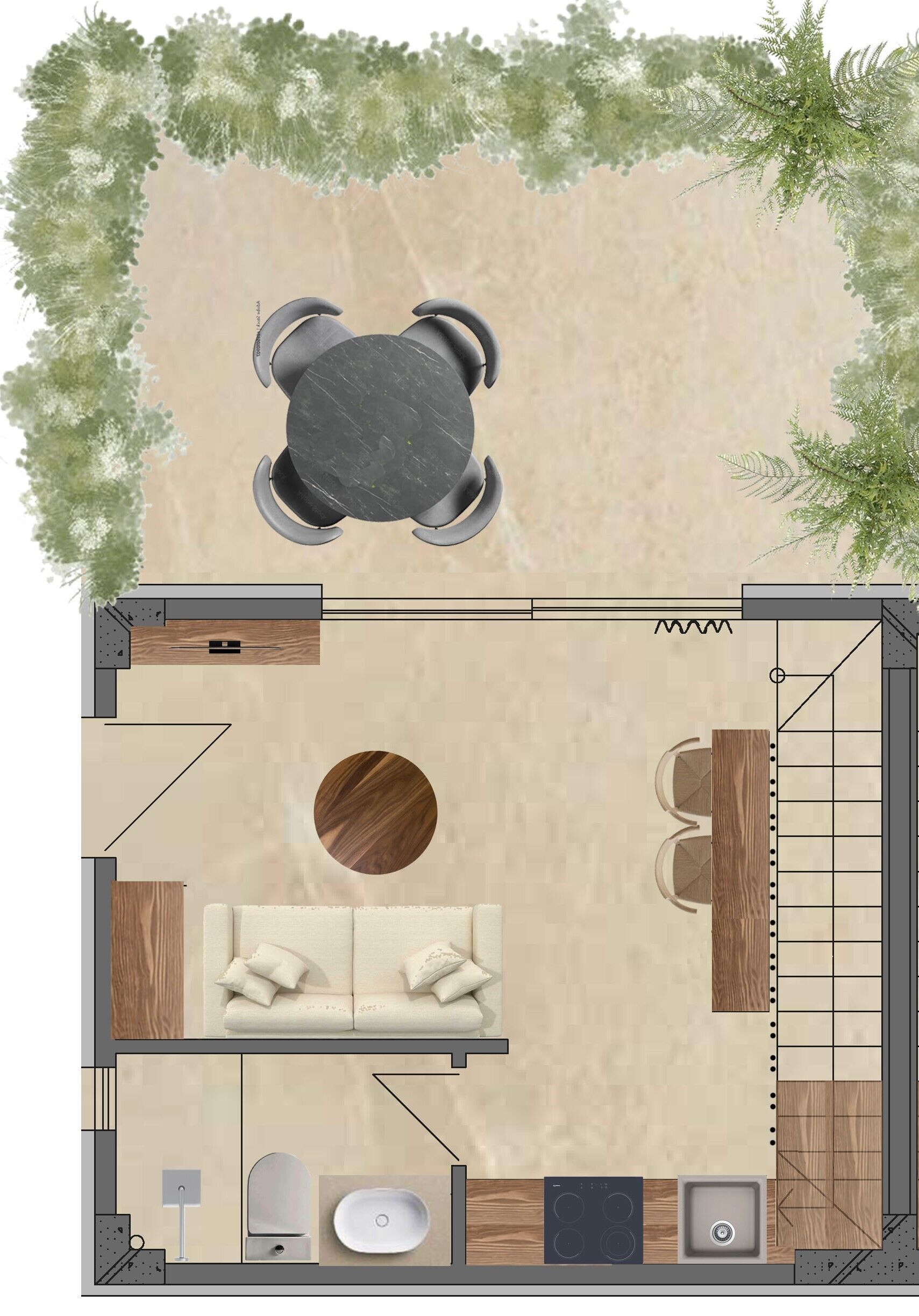 A floor plan of a hotel room with a dining area, a sofa, a small kitchen, and a bathroom.