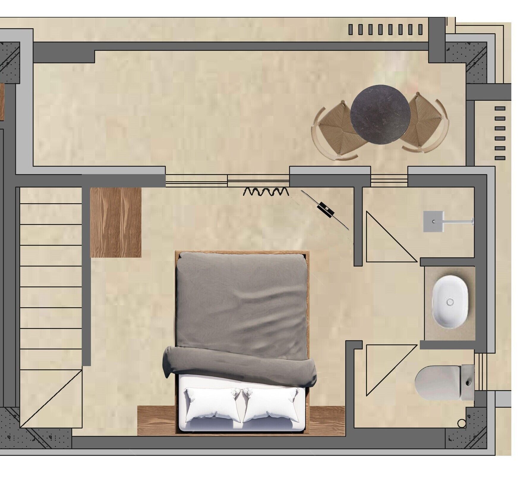 A hotel room layout with a bed, a small table, a chair, a sofa, a bathroom, and a window.