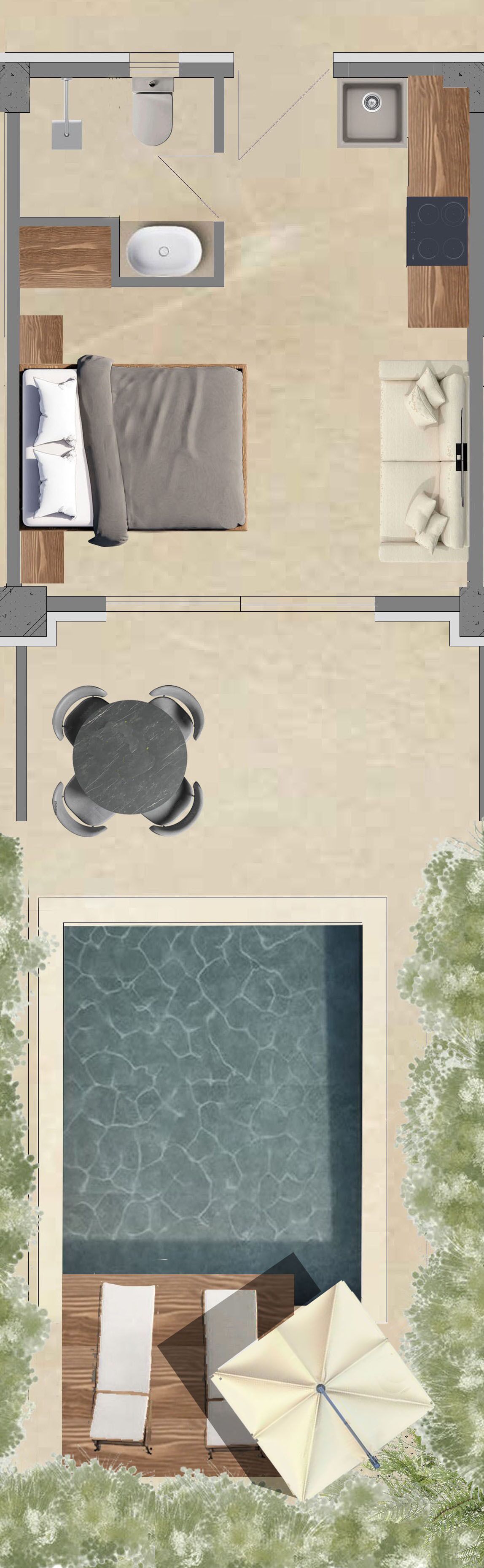 Vista cenital de una habitación de hotel con cama, kitchenette, baño y balcón con piscina.