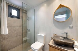 A modern bathroom with a glass shower enclosure, a white toilet, and a large oval sink with a wooden basin.