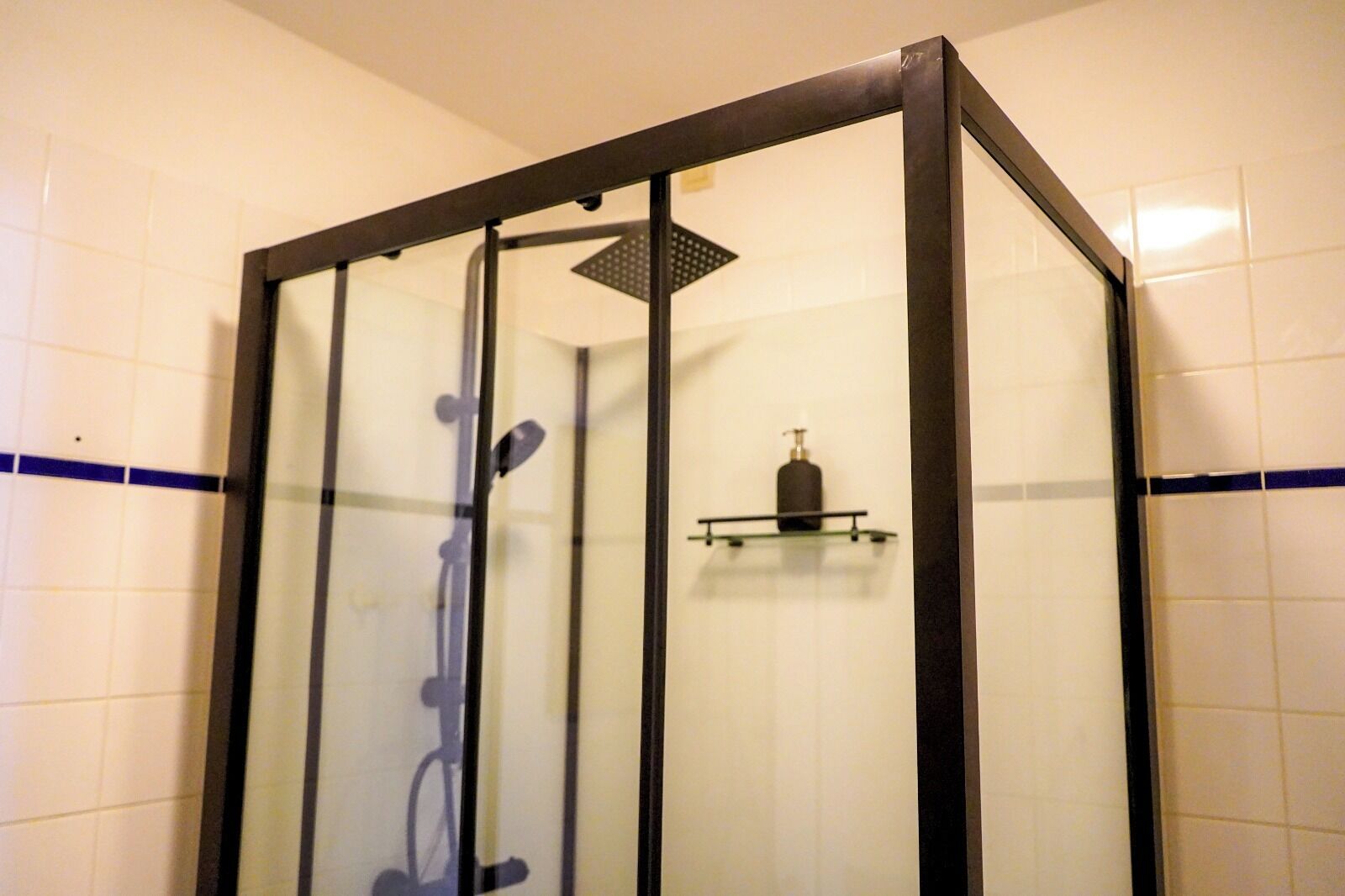 Een douche, handdoeken, zeep, toiletpapier