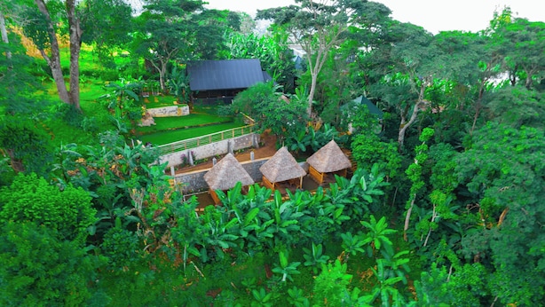 A lush, tropical garden with thatched-roof huts and a stone building. - Materuni Homes (Moshi)